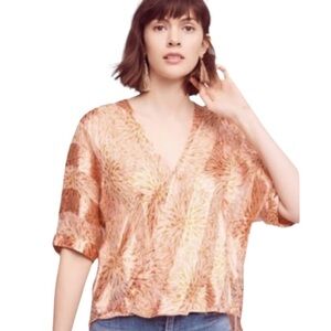 Floreat Anthropologie Silk Blend Floral Striped Hi Low Blouse Sz M Peach Orange